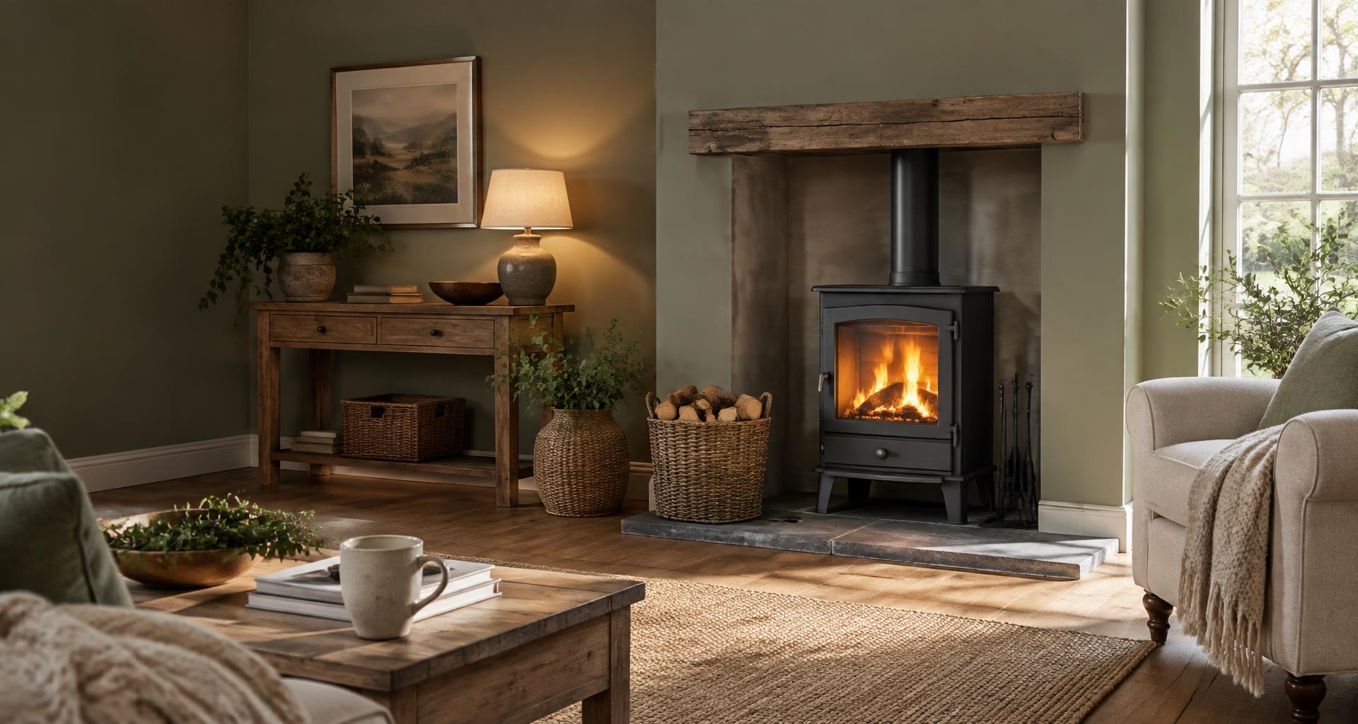 Illustrative home interior with a closed wood-burning stove